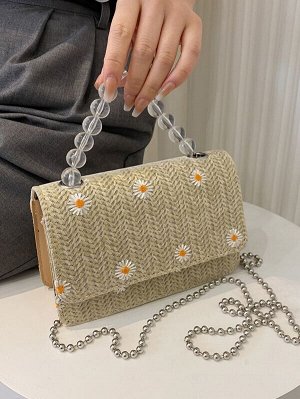 Соломенная сумка мини с цветочной вышивкой с бусинами