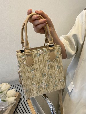 Соломенная сумка мини с цветочной вышивкой с двойной ручкой