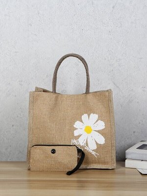 Соломенная сумка-тоут с цветочным принтом и сумкой вставка