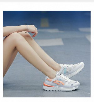 Женские кроссовки на шнуровке, белая подошва, вставки из сетки, цвет белый/оранжевый