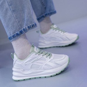 Женские кроссовки на шнуровке, белая подошва, цвет белый/зеленый