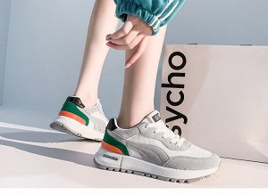 Женские кроссовки на шнуровке, белая подошва, вставки из сетки, цвет белый/серый/оранжевый/зеленый