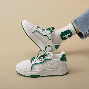Женские кроссовки на шнуровке, белая подошва, вставки из сетки, цвет белый/зеленый