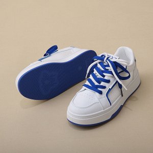 Женские кроссовки на шнуровке, белая подошва, вставки из сетки, цвет белый/синий