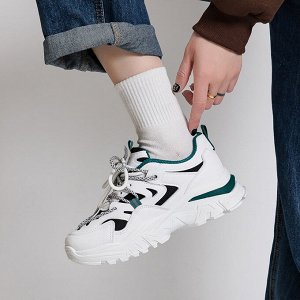 Женские кроссовки на шнуровке, белая подошва, цвет белый/зеленый/черный