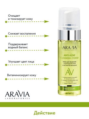 "ARAVIA Laboratories" Пенка для умывания с коллоидной серой и экстрактом женьшеня Anti-Acne Cleansing Foam, 150 мл/8