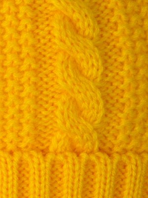 Шапка вязаная детская на завязках, два бубона, на отвороте значок мишка, ярко-желтый