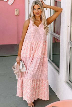 Розовое свободное платье макси с абстрактным узором