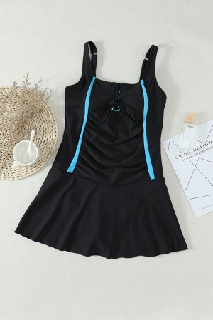 Черный утягивающий купальник-платье со шнуровкой и голубыми вставками