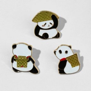 Набор значков (3шт) "Панда" с рюкзаком и в шляпе, цветной в золоте