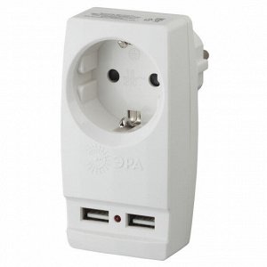 SP-1e-USB-W  ЭРА Адаптер "Polinom" 1гн 220V + 2xUSB 2100mA, c заземл (белый) (10/60/1440), шт