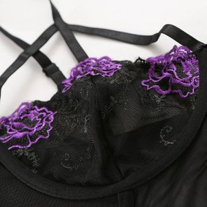 Полупрозрачный женский боди с декором из цветов, цвет черный/фиолетовый