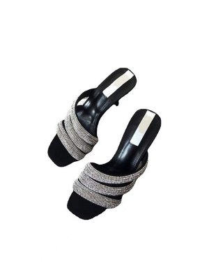 Женские босоножки на каблуке, квадратный носок, со стразами, цвет черный