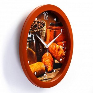 Часы настенные, серия: Кухня, "Круассан с кофе", плавный ход, d=28 см