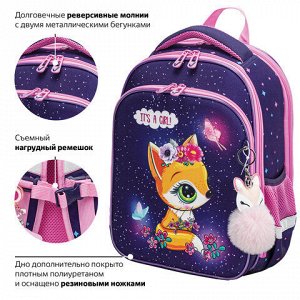 Ранец BRAUBERG QUADRO, 3 отделения, с брелком, "Little fox", СВЕТЯЩИЙСЯ, 37х28х18 см, 270601