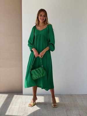 Платье-миди с пышными рукавами зелёное