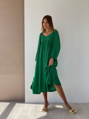 Платье-миди с пышными рукавами зелёное