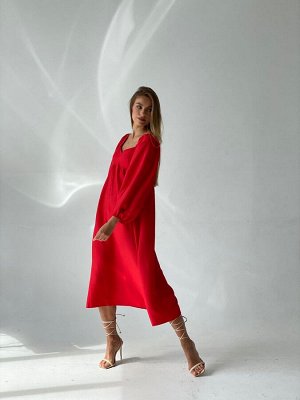 Платье-миди с пышными рукавами красное