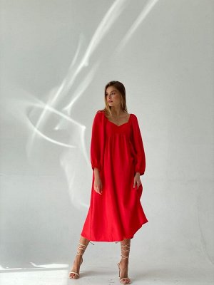 Платье-миди с пышными рукавами красное