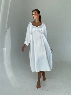 Платье-миди с пышными рукавами белое