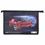 Папка для тетрадей ЮНЛАНДИЯ А4, 1 отделение, пластик, молния сверху, &quot;Red Car&quot;, 270113