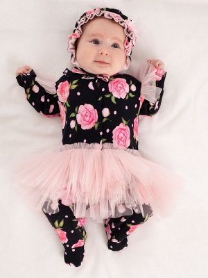 Luxury Baby Комплект на выписку комбинезон с юбочкой и капор &quot;Пионы&quot; (черный)