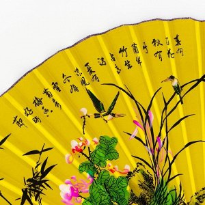 Веер бамбук, текстиль h=90 см "Бамбуковая роща с птицами" жёлтый