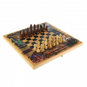 Настольная игра 3 в 1 "Россия и Америка": шахматы, шашки, нарды (доска дерево 50х50 см)