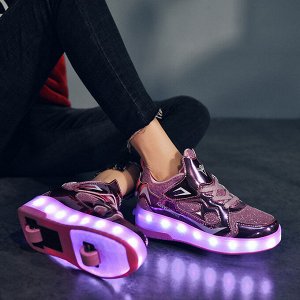 Подростковые кроссовки из экокожи, с сетчатыми вставками, с роликами и подсветкой, на шнурках и липучке, цвет розовый