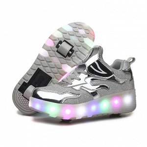 Подростковые кроссовки из экокожи, с роликами и подсветкой, на шнурках и липучке, цвет серебристый