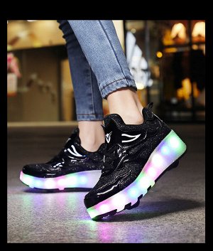 Подростковые кроссовки из экокожи, с роликами и подсветкой, на шнурках и липучке, цвет чёрный