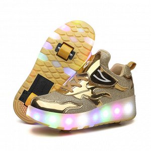 Подростковые кроссовки из экокожи, с роликами и подсветкой, на шнурках и липучке, цвет золотистый