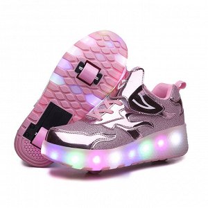Подростковые кроссовки из экокожи, с роликами и подсветкой, на шнурках и липучке, цвет розовый
