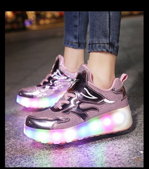 Подростковые кроссовки из экокожи, с роликами и подсветкой, на шнурках и липучке, цвет розовый