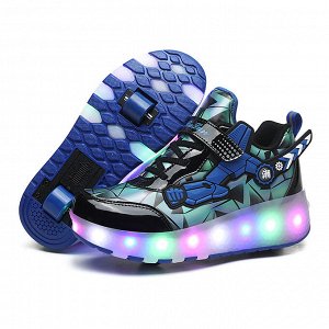 Подростковые кроссовки с роликами и подсветкой, на шнурках и липучке, цвет чёрный/синий