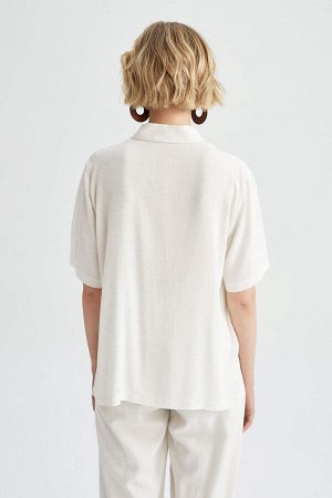 Рубашка оверсайз с воротником из смесового льна с коротким рукавом