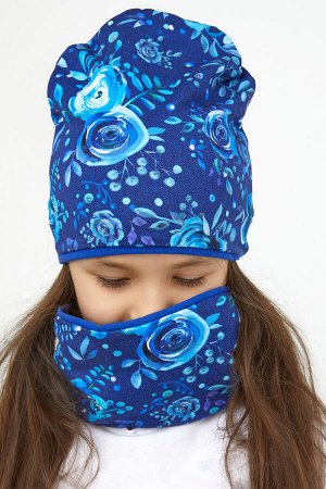 Комплект Цветы-Синий (шапка+снуд) детский