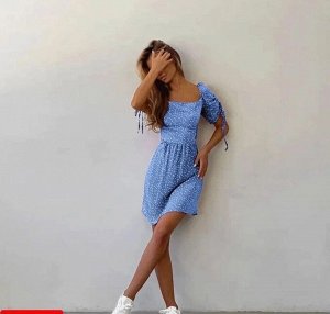 Платье Женское 6506 "Вырез-Спина+Горошек" Голубое