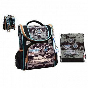 Ранец стандарт раскладной Across, 35 х 22 х 12 см, наполнение: мешок, брелок, чёрный/голубой
