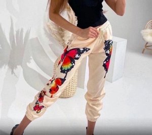 Спортивные штаны женские 3503 "Яркие Бабочки" Бежевые