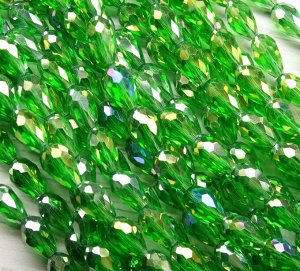 Хрустальные бусины-капли, зеленый (с покрытием), 11х8 мм, 15 шт/упак.