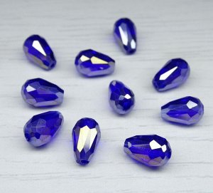 Хрустальные бусины-капли, синий (с покрытием), 11х8 мм, 15 шт/упак.