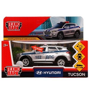 TUCSON-12SLPOL-SR Машина металл свет-звук HYUNDAI TUCSON ПОЛИЦИЯ 12 см, двер, баг, инер, кор. Технопарк в кор.2*36шт