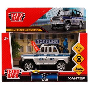 HUNTERBCH-12SLPOL-SOLSR Машина металл свет-звук UAZ HUNTER ПОЛИЦИЯ 11,5 см, двери, фигурка, кор. Технопарк в кор.2*36шт