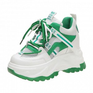 Женские кроссовки с двойной шнуровкой и вставками из сетки, цвет белый с зеленым