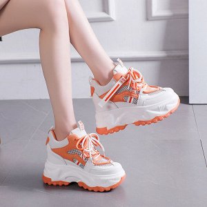 Женские кроссовки с двойной шнуровкой и вставками из сетки, цвет белый с оранжевым
