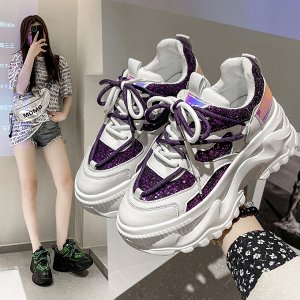 Женские кроссовки с двойной шнуровкой и глиттером, цвет белый с фиолетовым