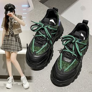 Женские кроссовки с двойной шнуровкой и глиттером, цвет черный с зеленым