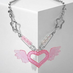 Кулон на декоративной основе "Сердце" с крыльями, цвет розовый в серебре, 34см