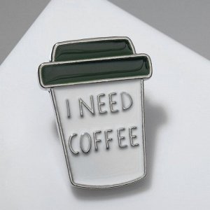 Брошь "Мне нужен кофе", цвет бело-зелёный в серебре